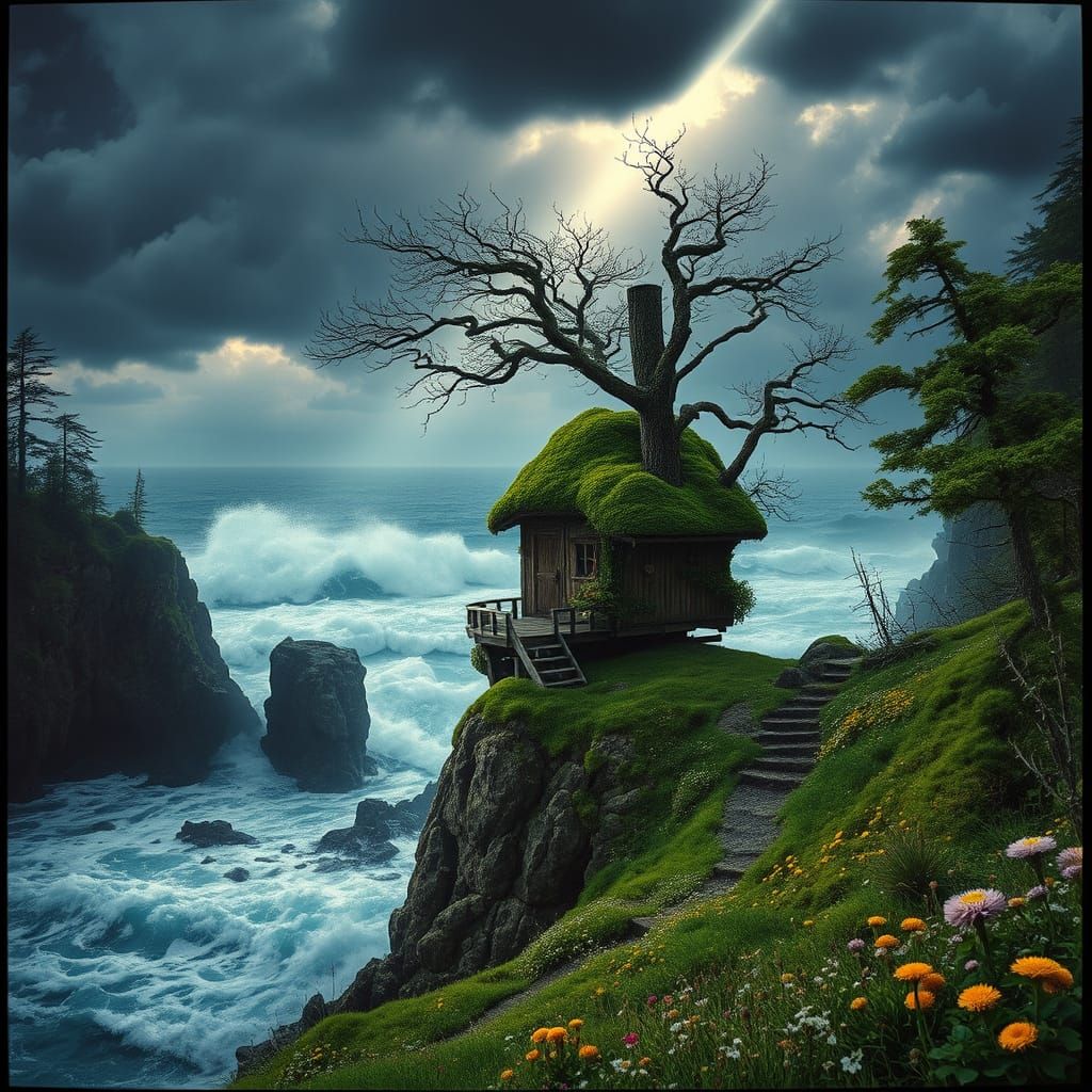 Treehouse by Stormy Sea in Hudson River School Style