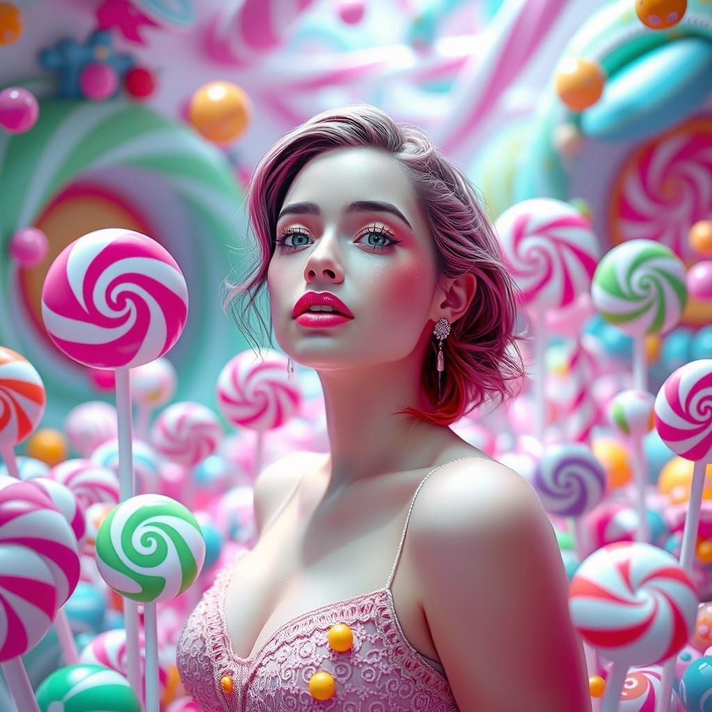 Vibrant Woman in Colorful Candy World