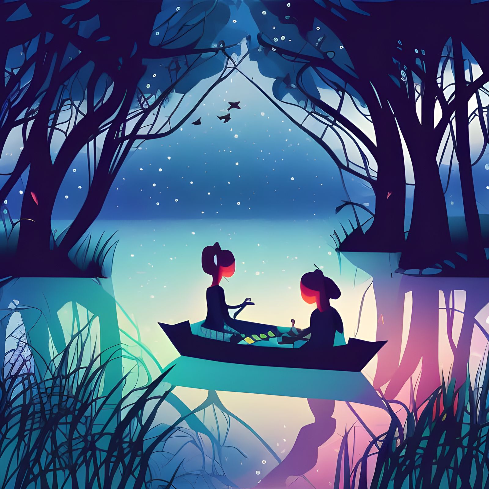 Romantic Couple Boating on Magical Swamp: Digital Illustrati...