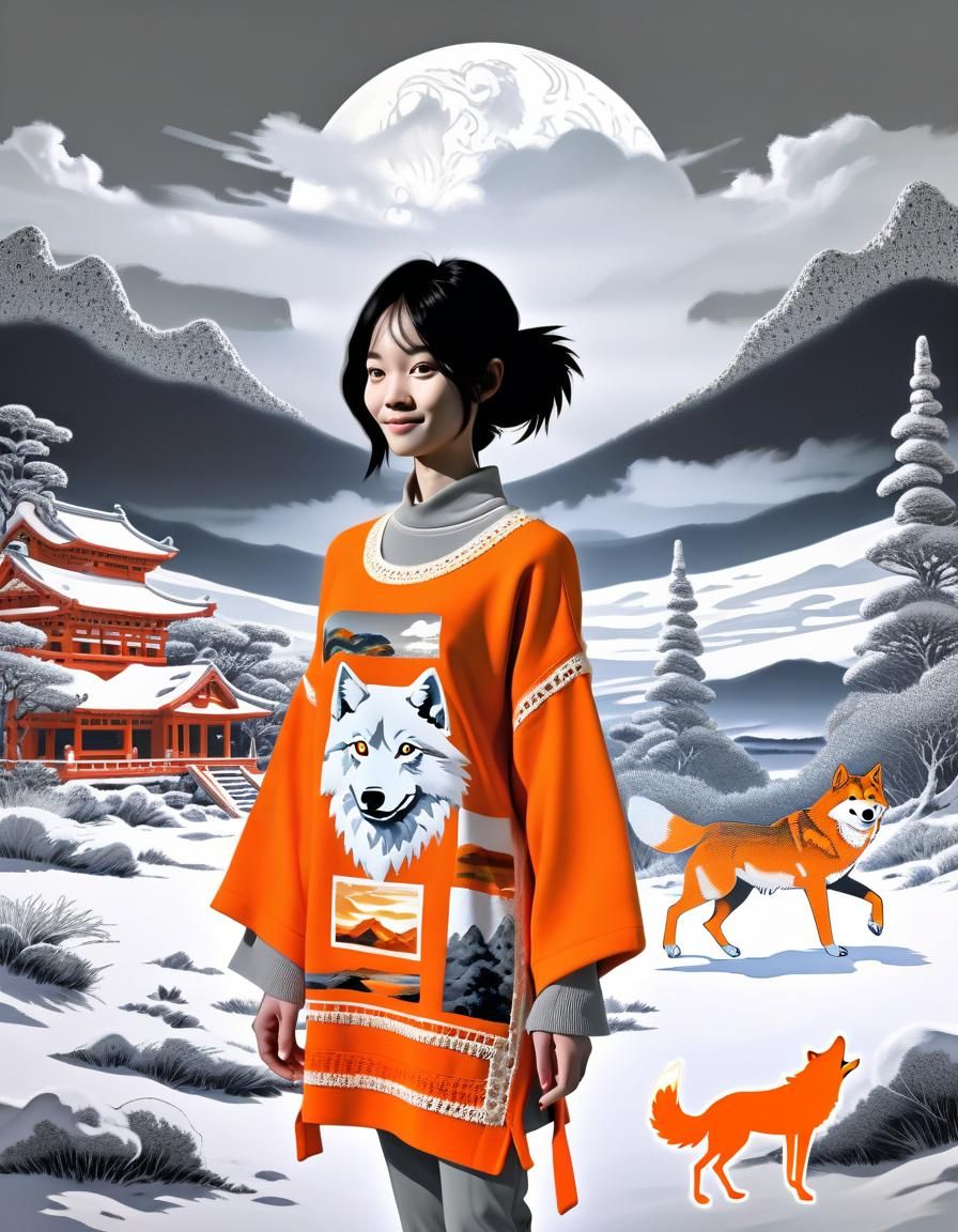 Asian Woman and Wolf in Wilderness, Basquiat Style