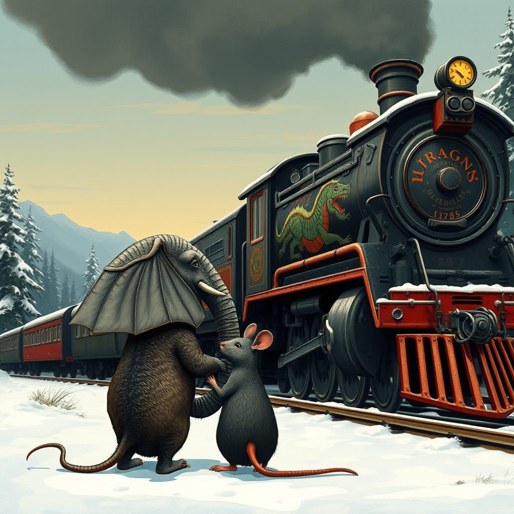 Dragons Race Through Tundra on Vintage Steam Train