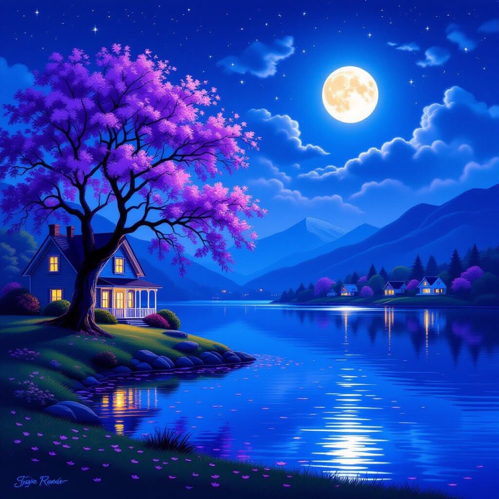 Tranquil Lake at Night with Moonlit Cottage