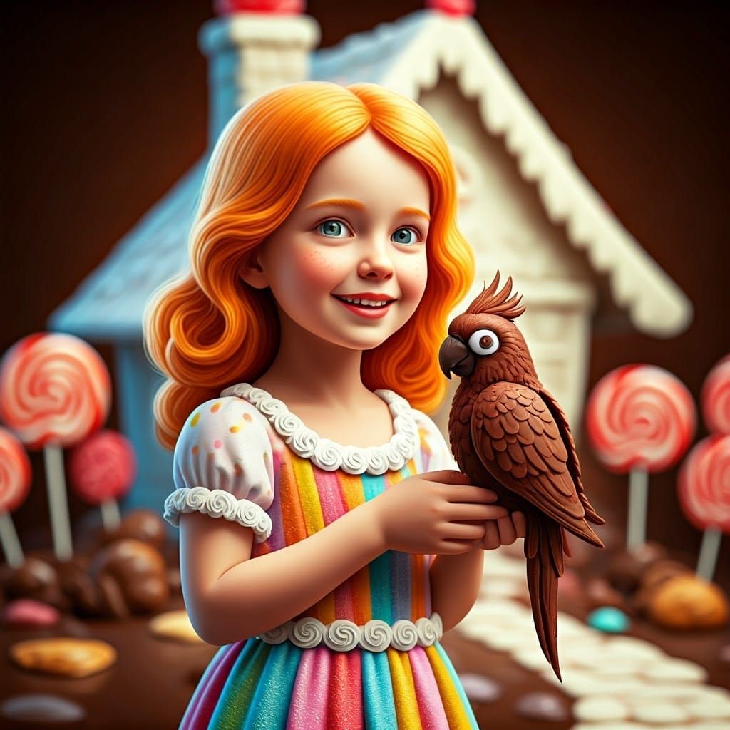 Vibrant Girl with Chocolate Parrot in a Whimsical Wonka Wond...
