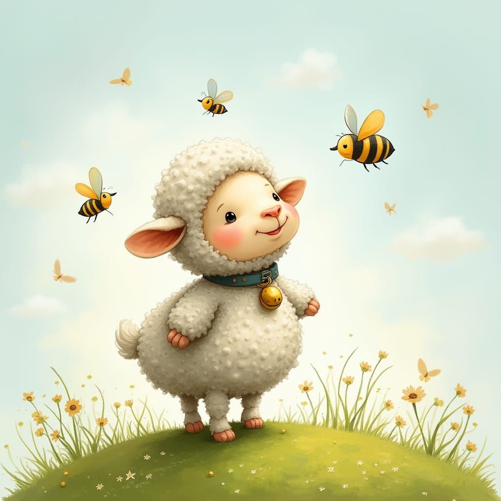 Whimsical Sheep on Hilltop in Beatrix Potter Style