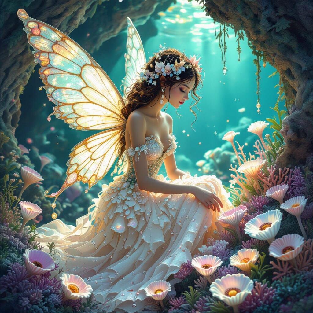 Coral Fairy in Bioluminescent Grotto, Art Nouveau Style