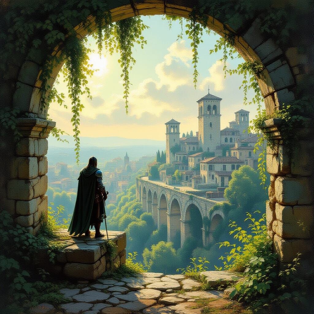 Knight on Aqueduct Overlooking Overgrown City in Impressioni...