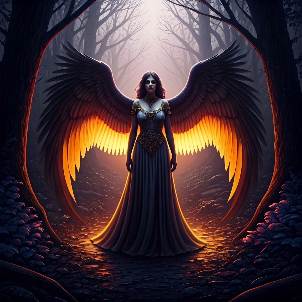 Gothic Angel Mourns Lost Love in Dark Fantasy Forest