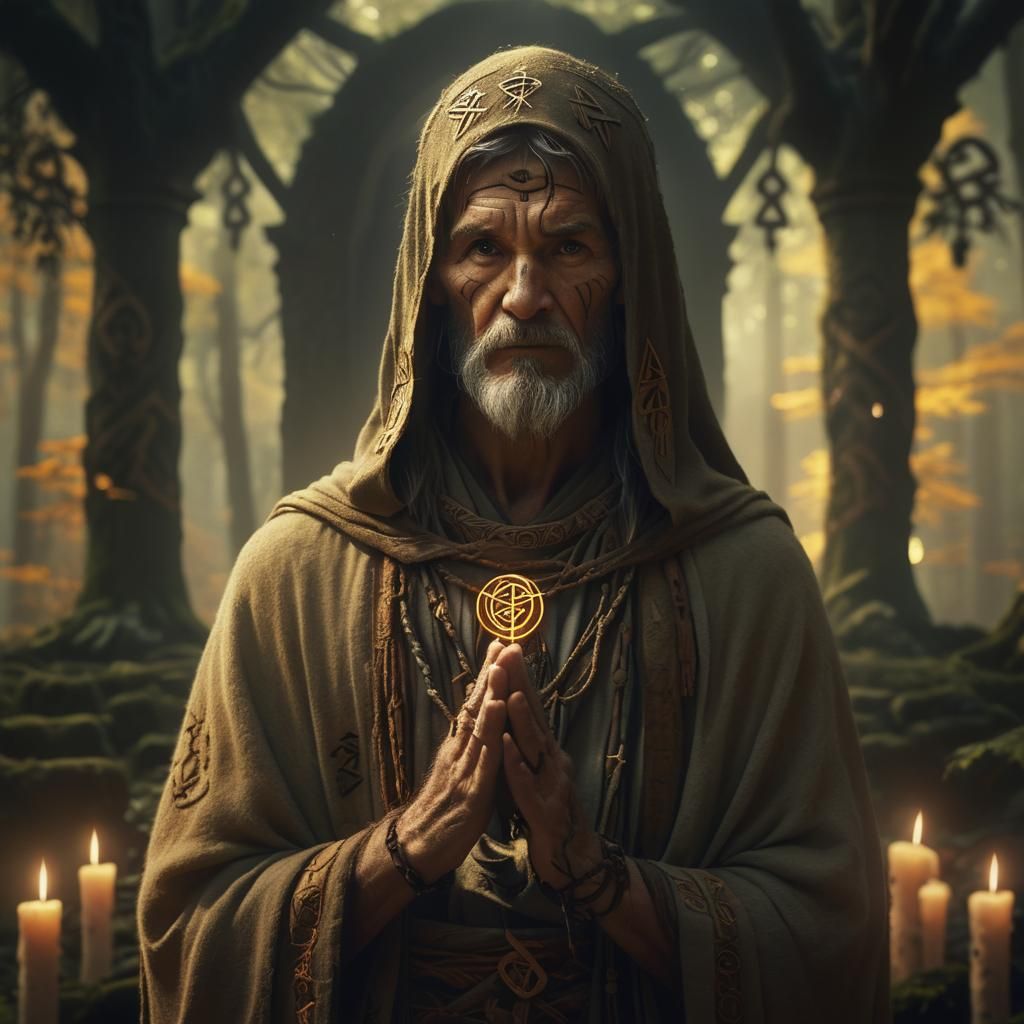 Mystical Ascetic in Ancient Forest with Glowing Runes