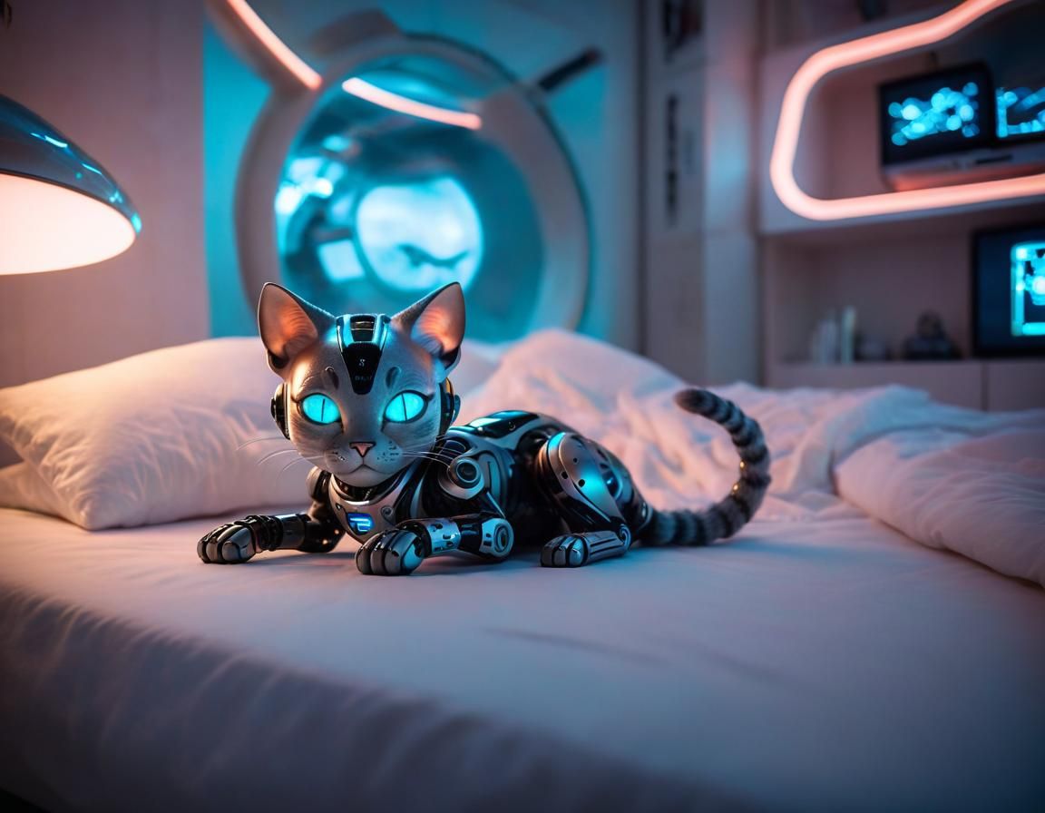 Cyborg Cat Napping in Utopian Bedroom