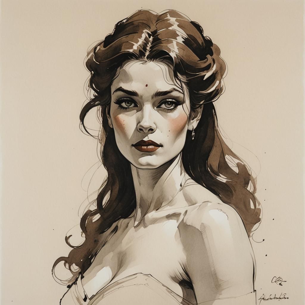 Attractive Woman Portrait in Ink Drawing Style