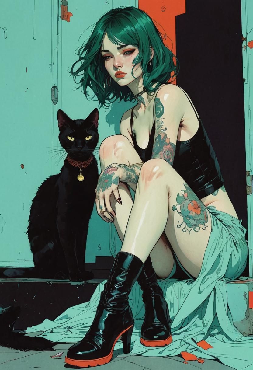 Cyberpunk Woman with Cat, Comic Art Style