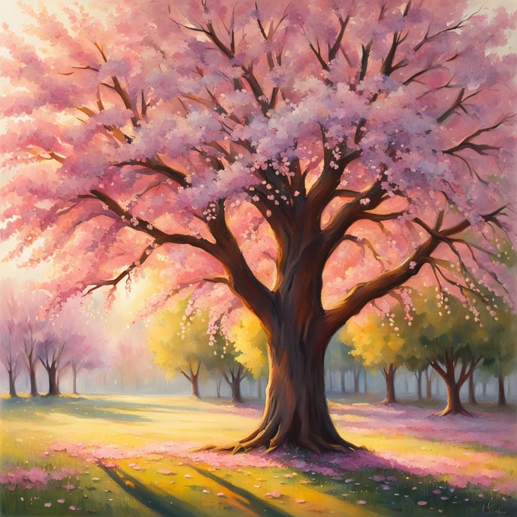 Impressionist Cherry Tree in Golden Hour Light