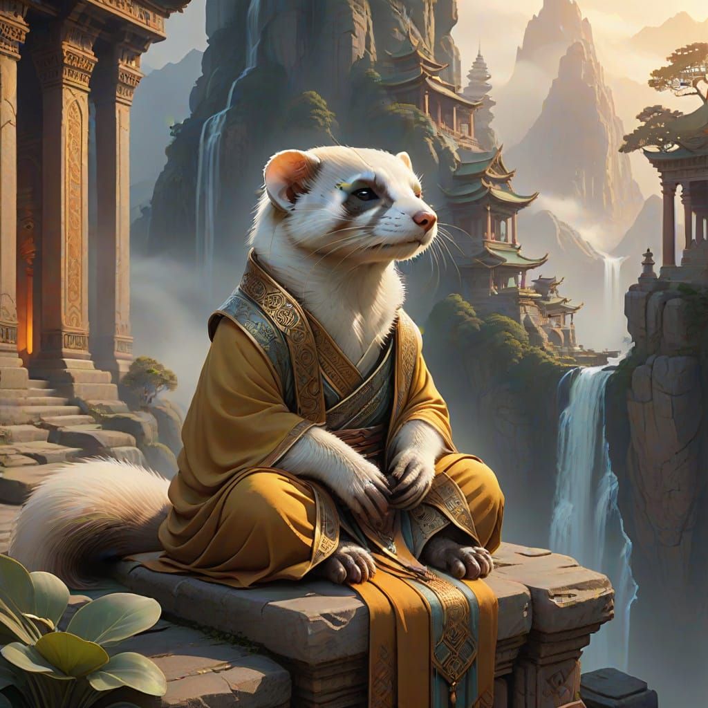 An old ferret sage meditates peacefully atop a misty mountain peak.