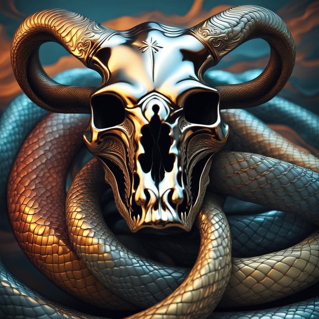 Chrome Bull Skull with Snakes in 3D Damascus Style