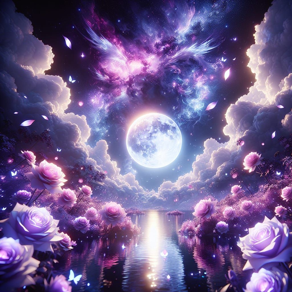 Mystical Anime Scene with Glowing Lake and Galaxy Sky