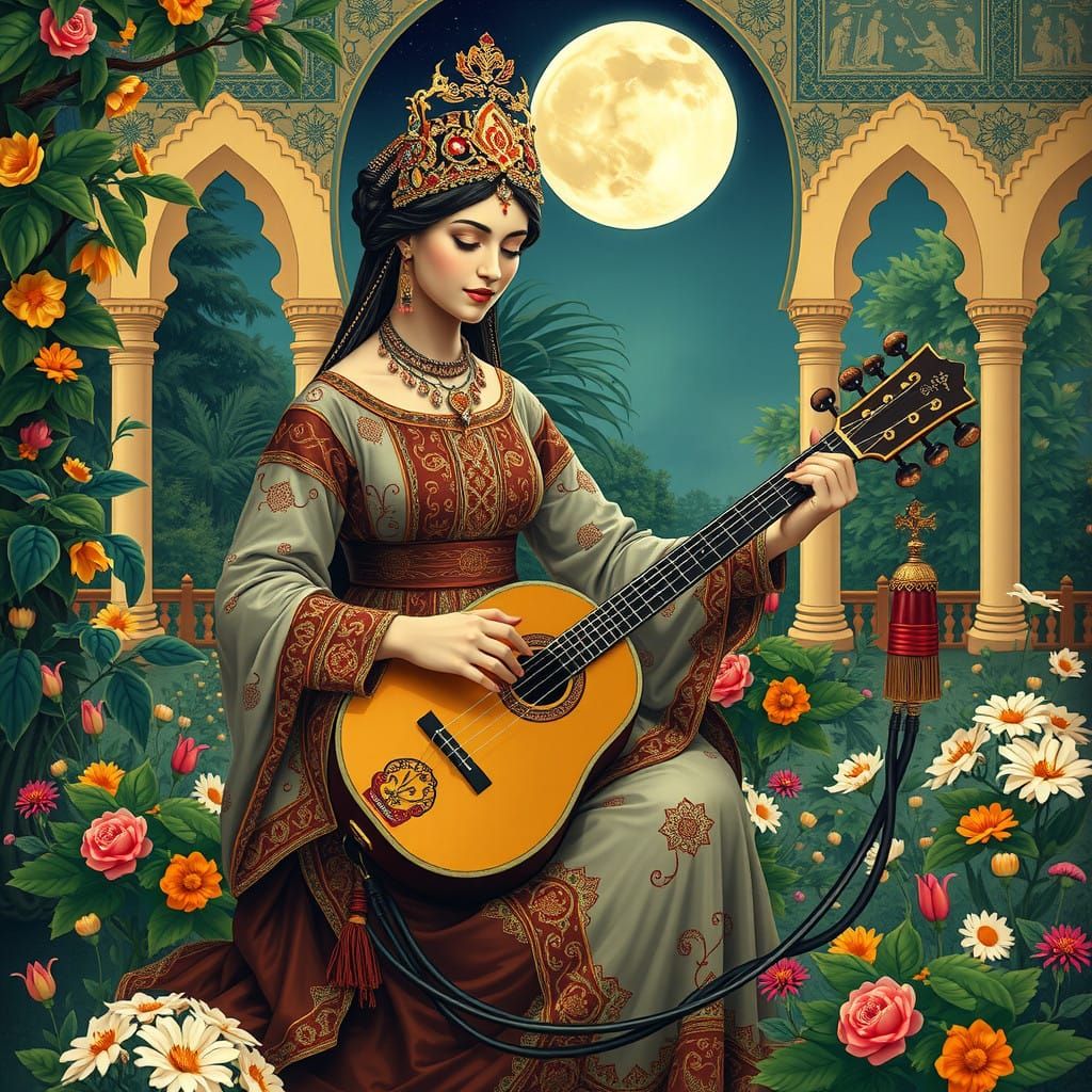 Serene Persian Musician in a Moonlit Garden