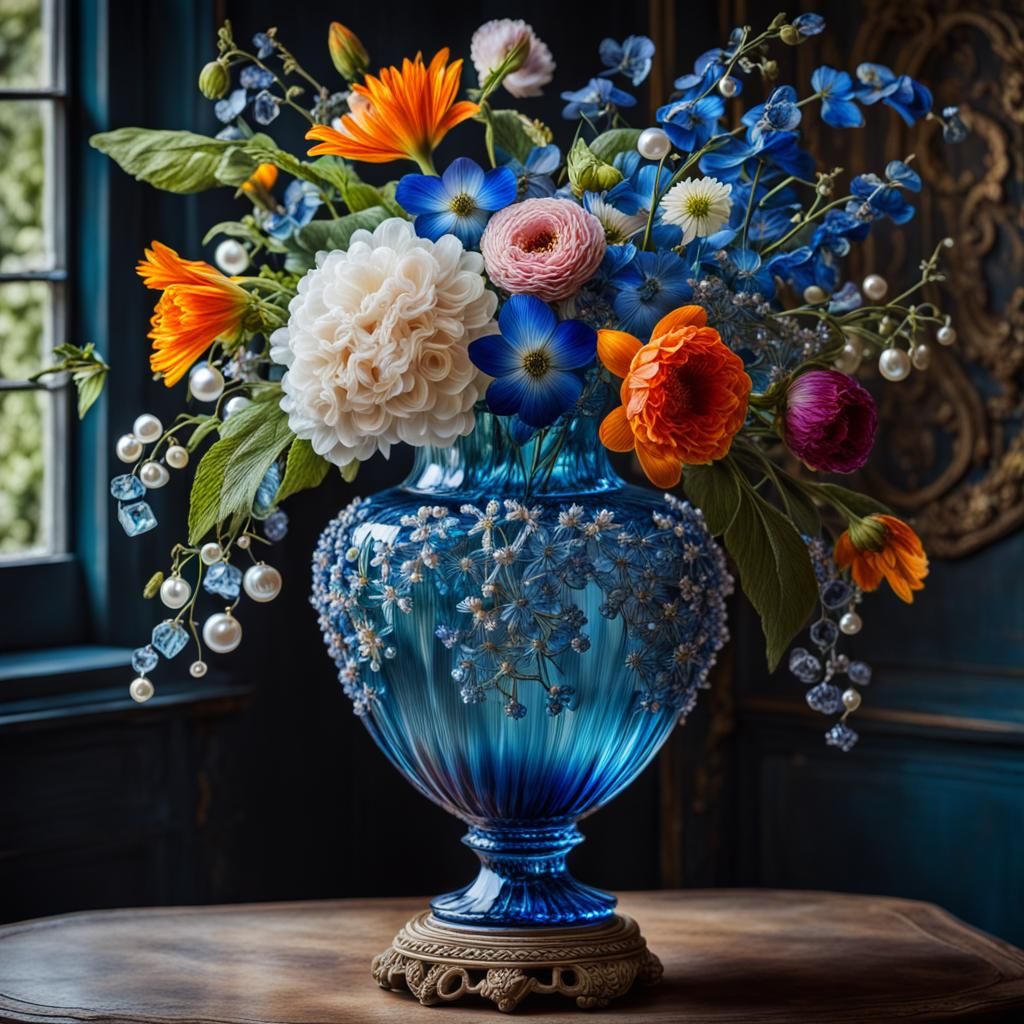 Ornate Blue Vase with Summer Flowers