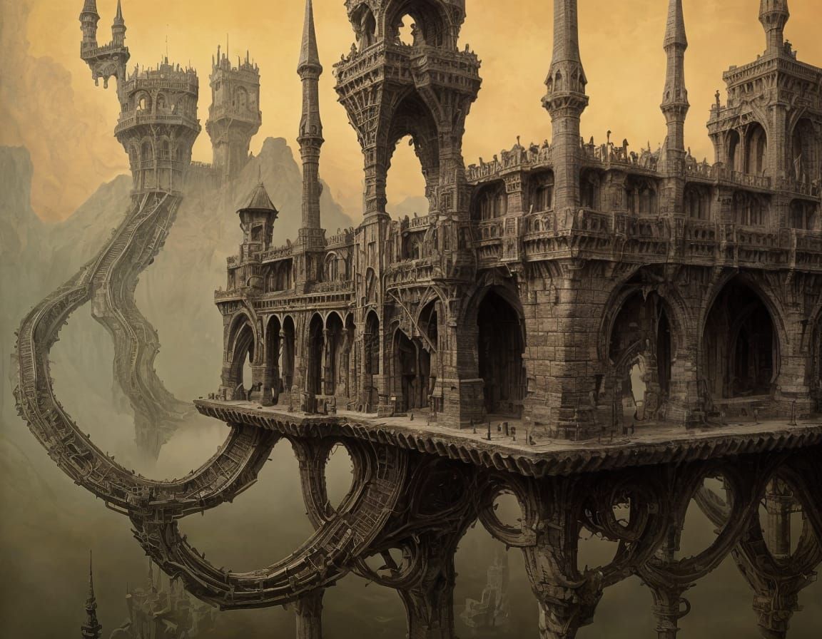Floating Castle with Drawbridges as Surreal Painting