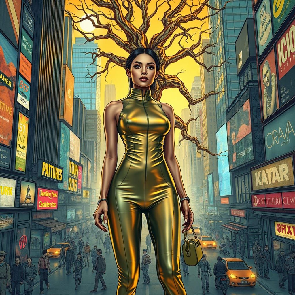 Retrofuturistic Cityscape with Iridescent Accents and Ancien...