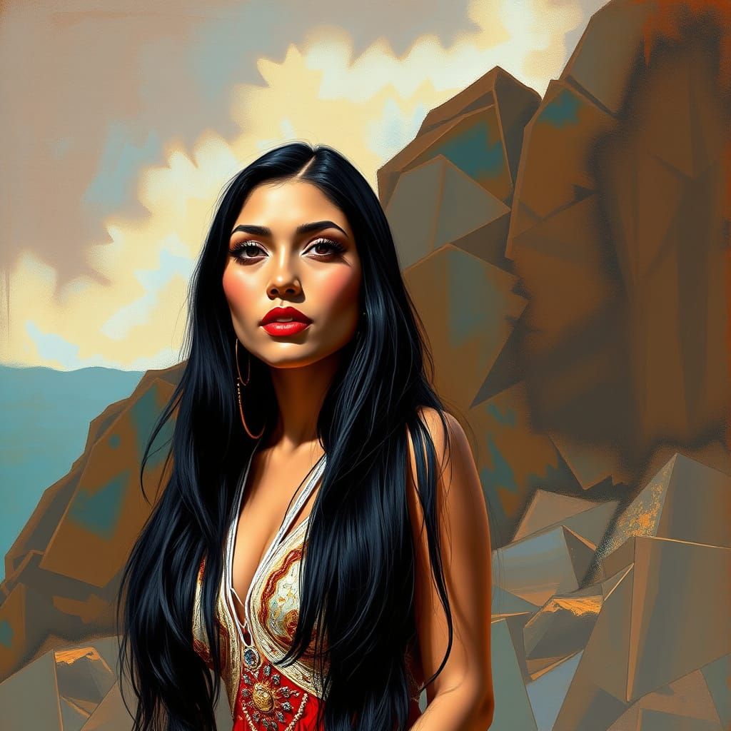 Native American Pin-Up Woman in Crystal and Turquoise