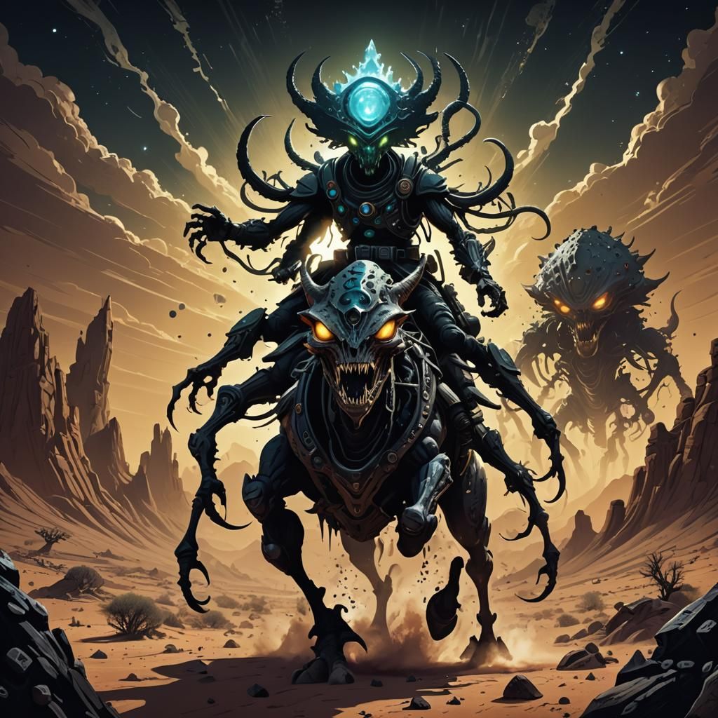 Alien Cowboy Rides Crystalline Creature in Sci-Fi Desert
