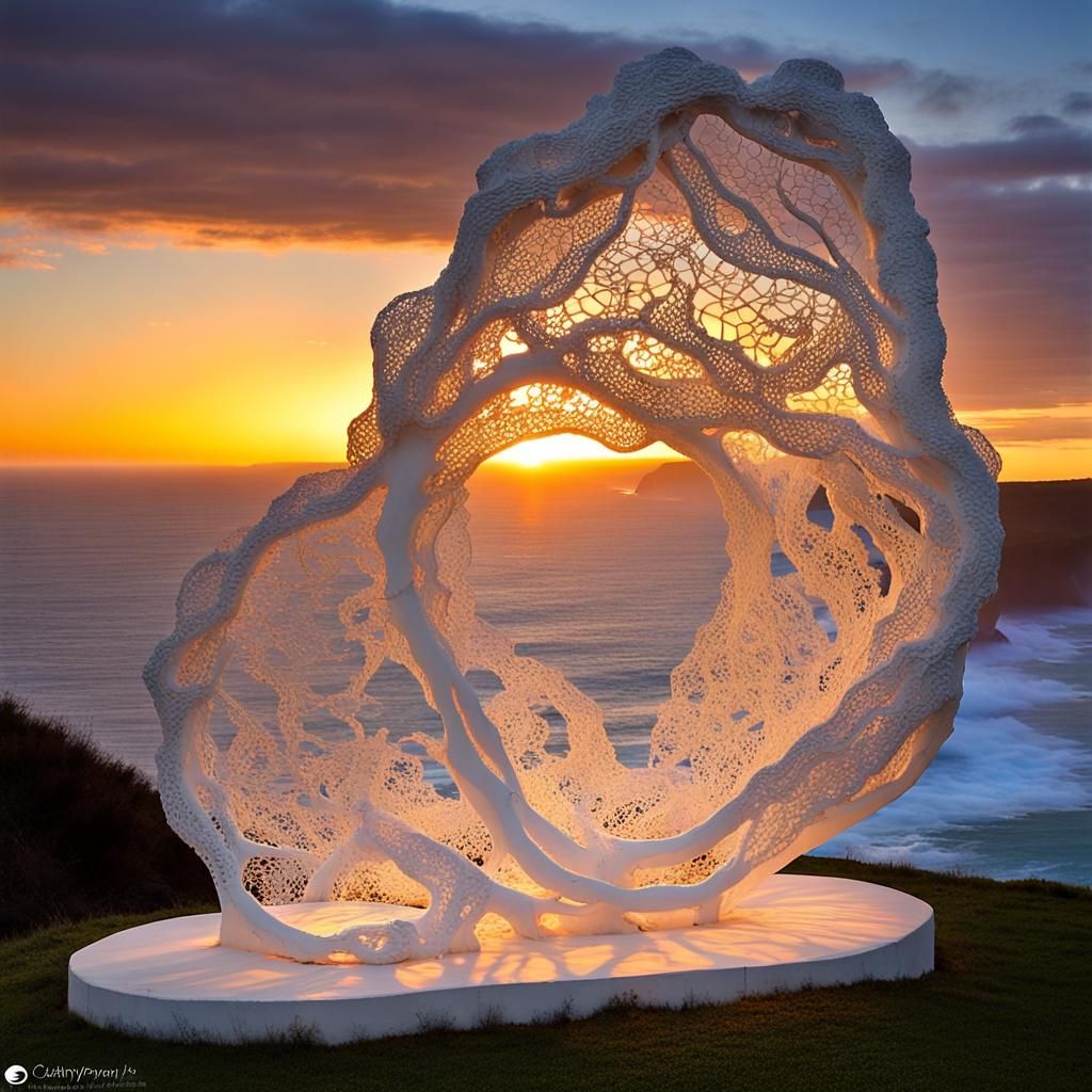 Glowing Lace Sculptures by the Sea at Sunset