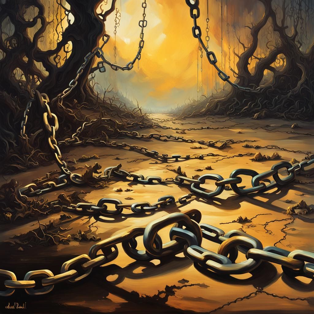 Broken Chain in Forest: Dark Surrealism Oil Painting