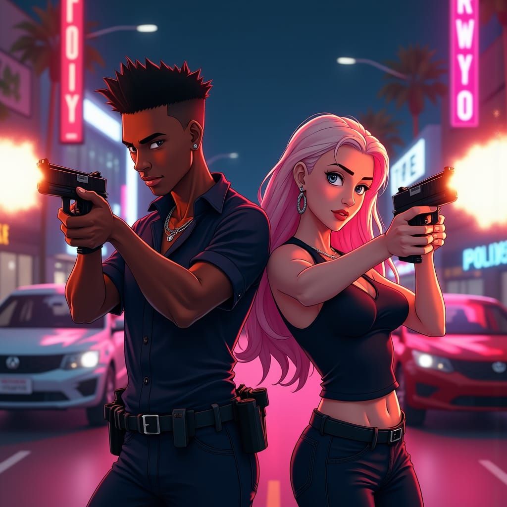 Siblings in Hollywood Gunfight: Anime-Inspired 3D Art