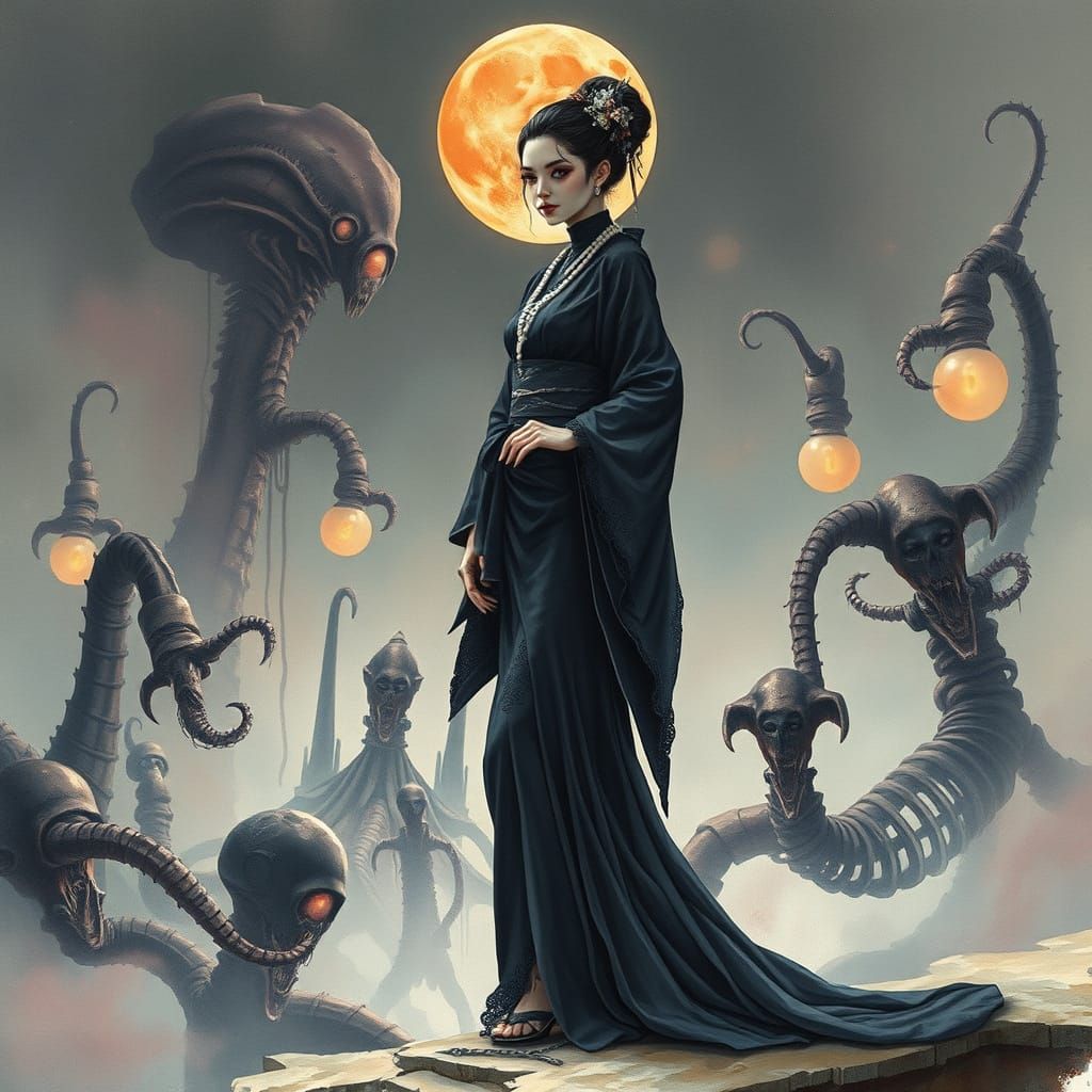 Gothic Japanese Woman in Dreamlike Alien Landscape Watercolo...