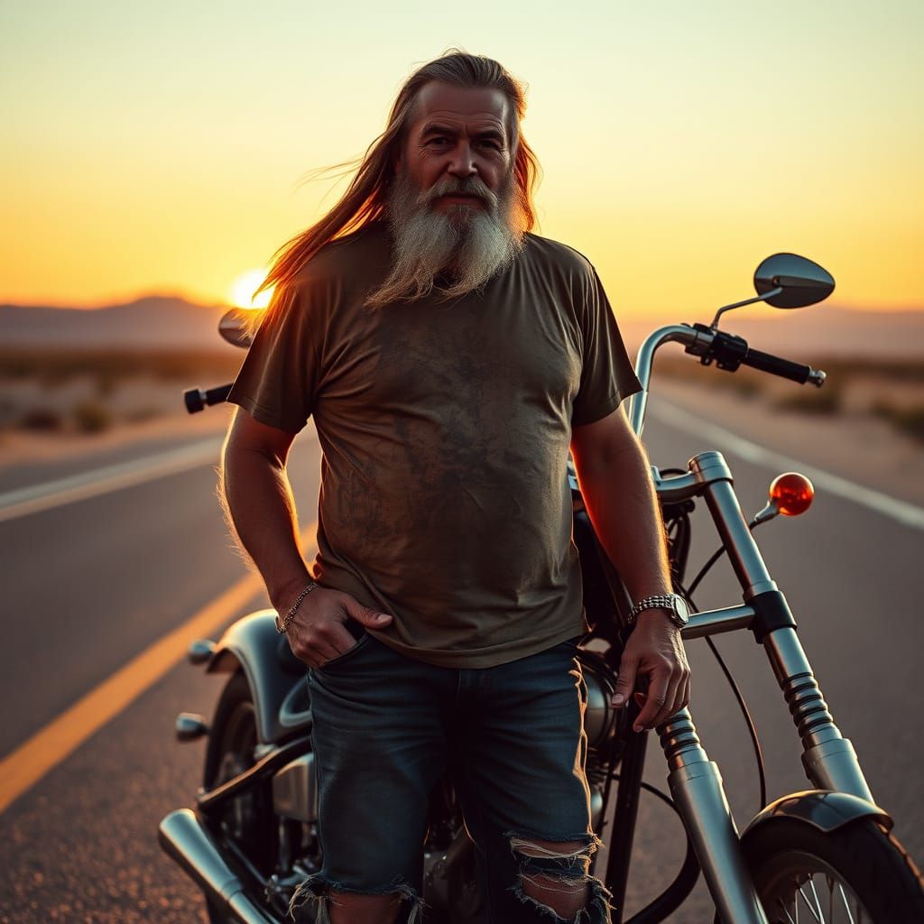 Vintage Biker Stands Proud with Custom Chopper on Desert Hig...