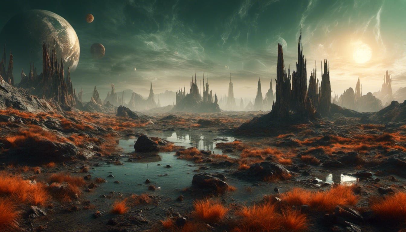 Exoplanet Spaceship Junkyard in Macabre Digital Painting Sty...