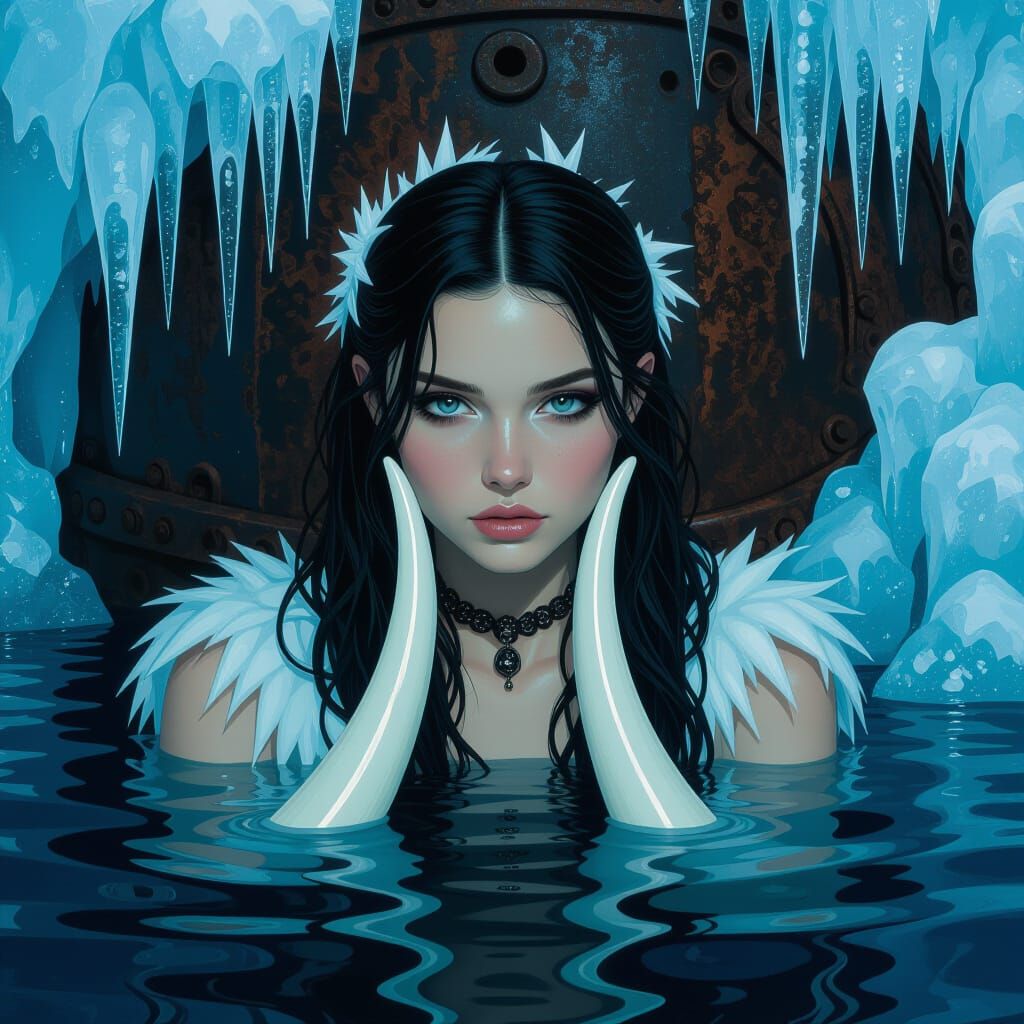 Icy Girl in Dark Water: Lyrical and Vibrant Art
