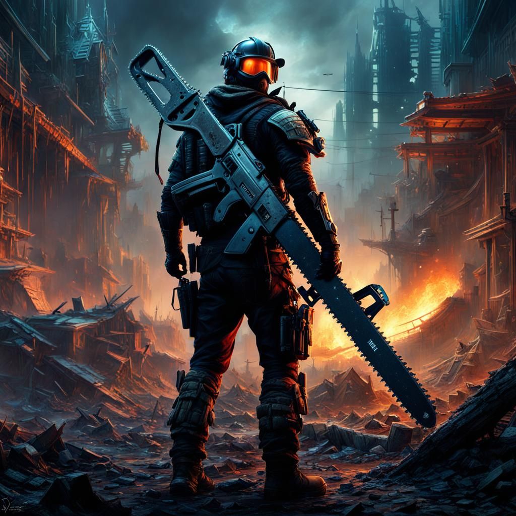 Post-Apocalyptic Warrior with Chainsaw: Digital Matte Painti...
