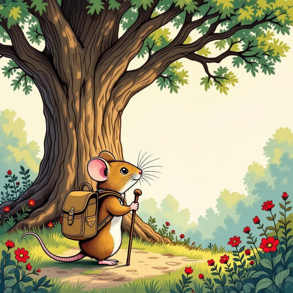Mouse Adventurer Gazing at Enchanted Forest Oak