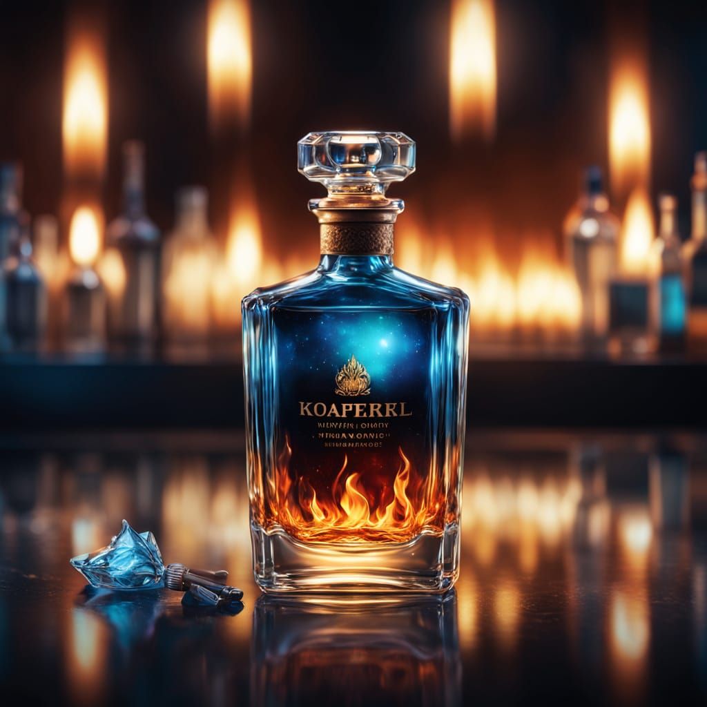 Realistic Perfume Bottle with Puppy and Fiery Glow