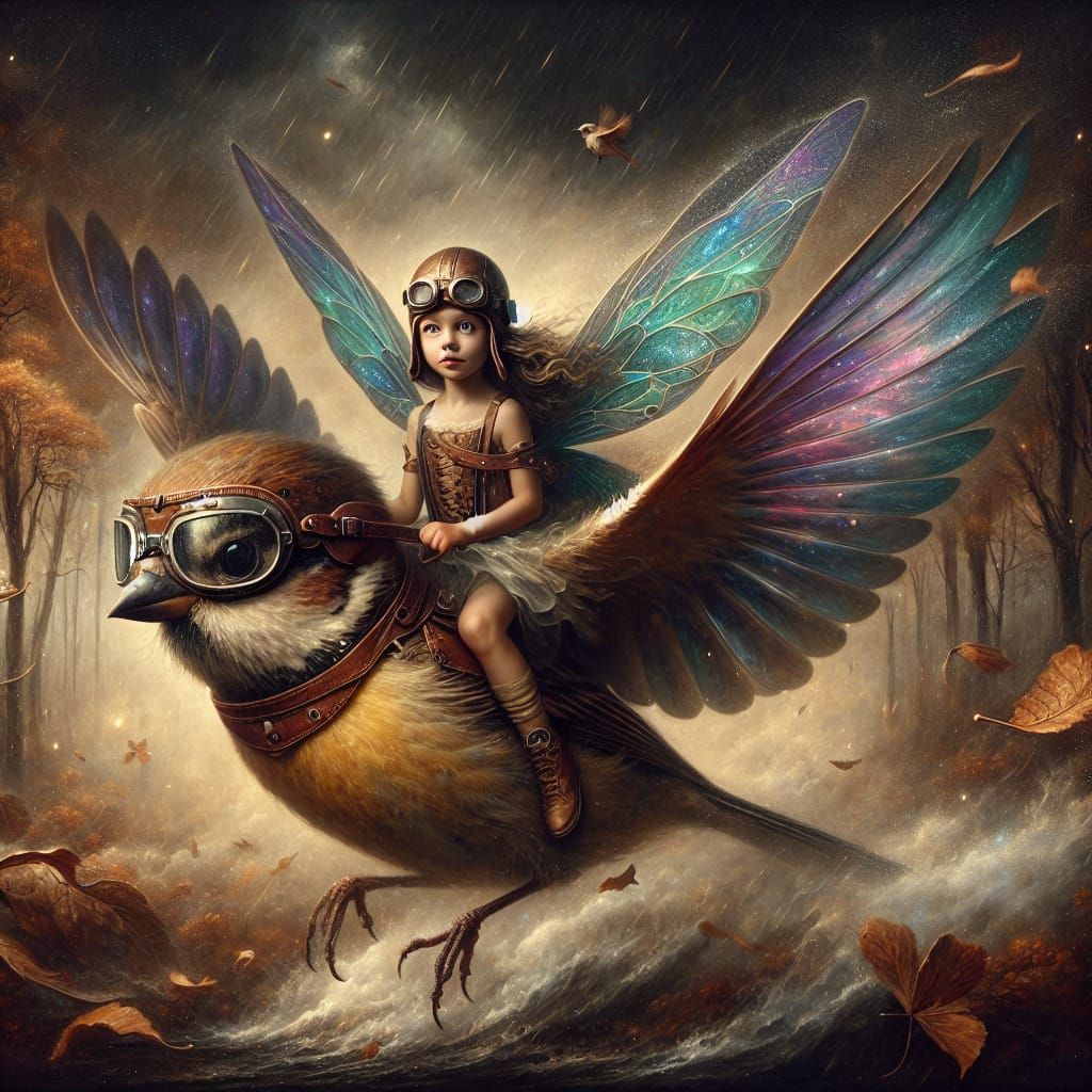 Fairy on Steampunk Sparrow in Autumnal Forest