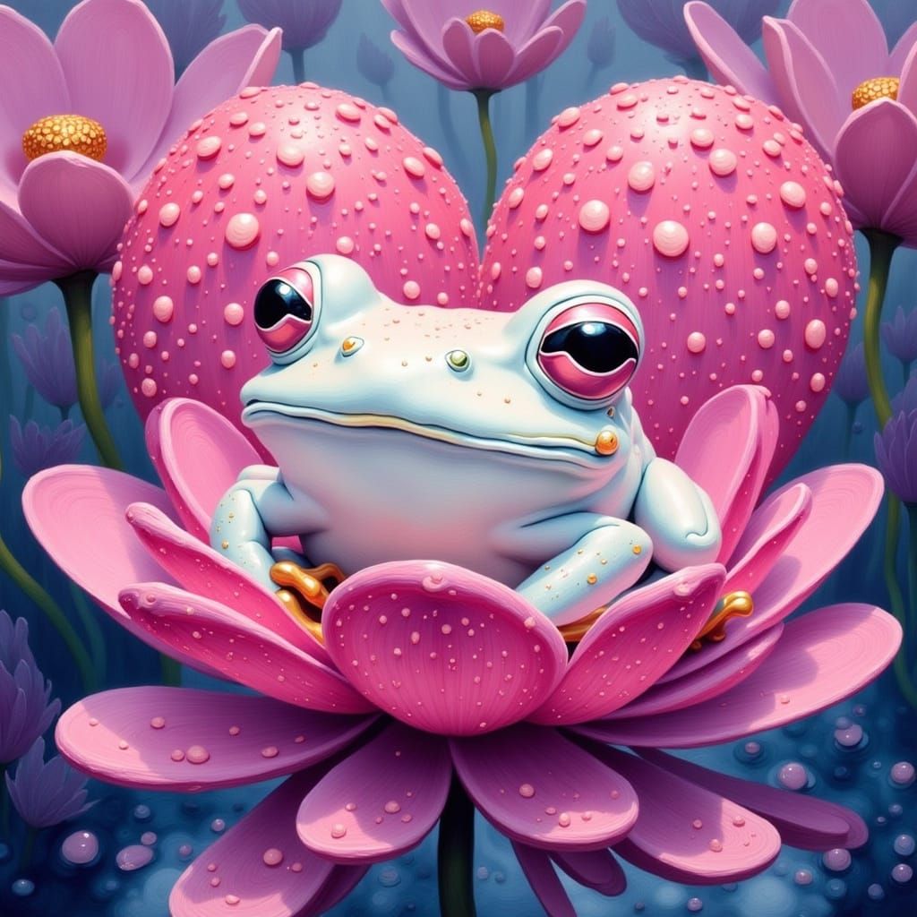 White Frog on Pink Heart Lilypad