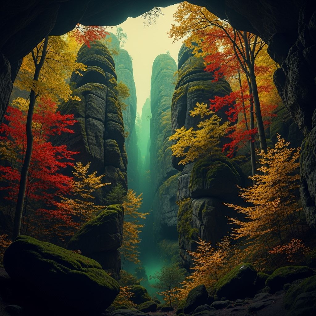 Surreal Autumn Cave Landscape in Dreamlike Style