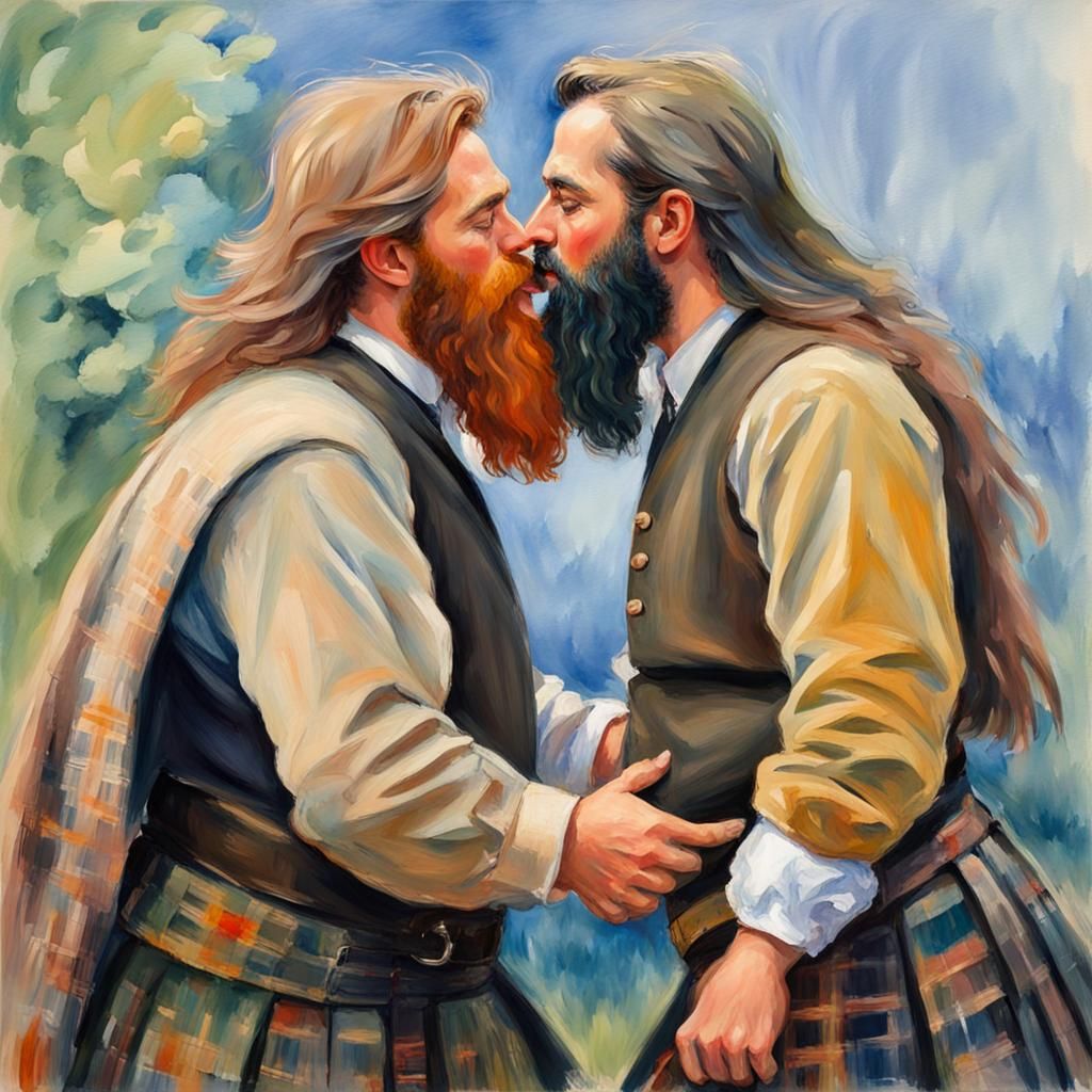 Men Kissing in Kilts: An Impressionist Gouache Painting