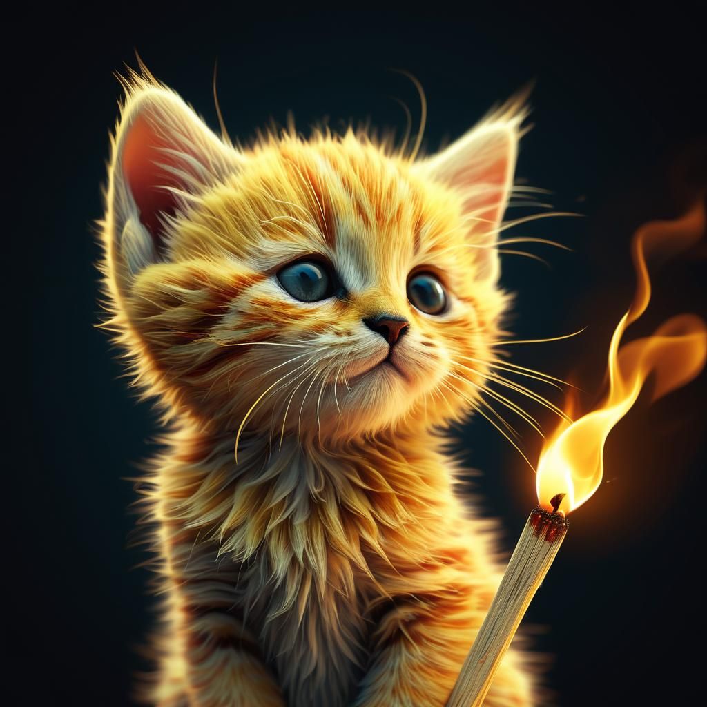 Flame Kitten on Matchstick in Whimsical Illustration