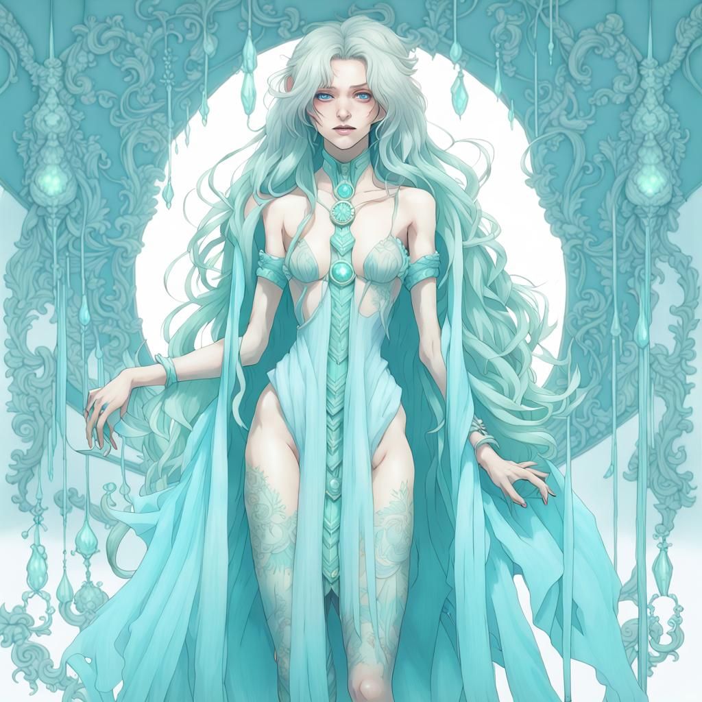 Aquamarine Androgyne in Rococo Dress, Hyperreal Art