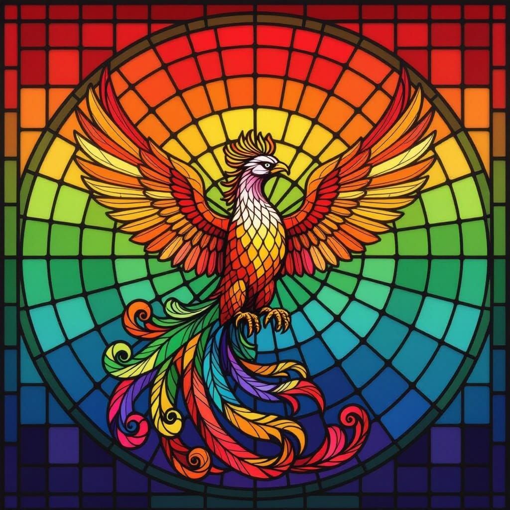 Rainbow Phoenix in Stained Glass Style