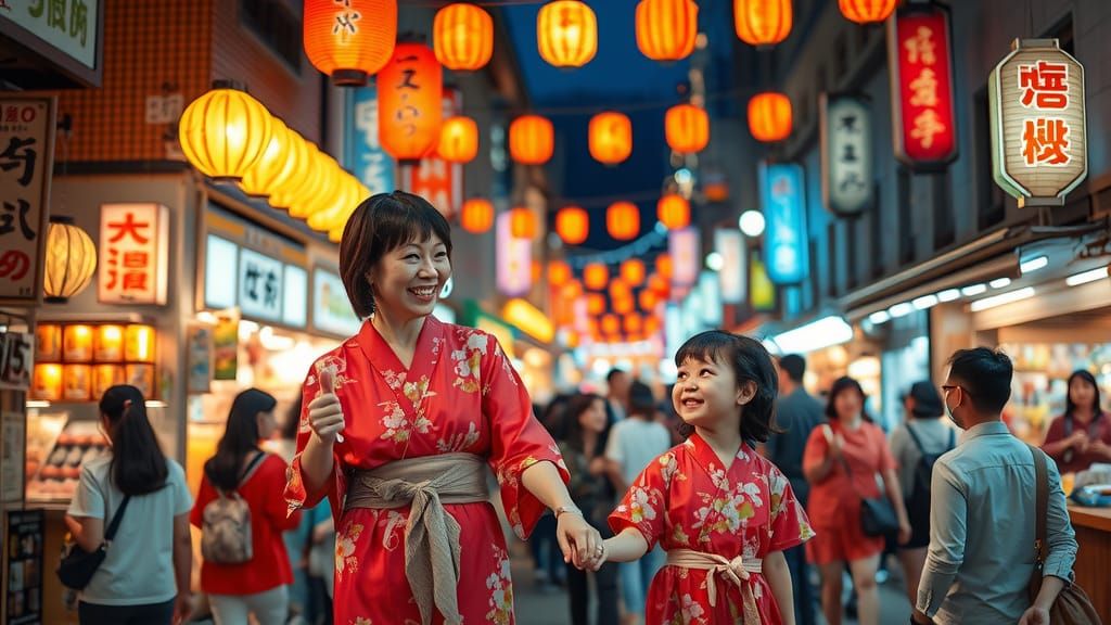 Japanese Street Market Nighttime Scene with Mother and Daugh...