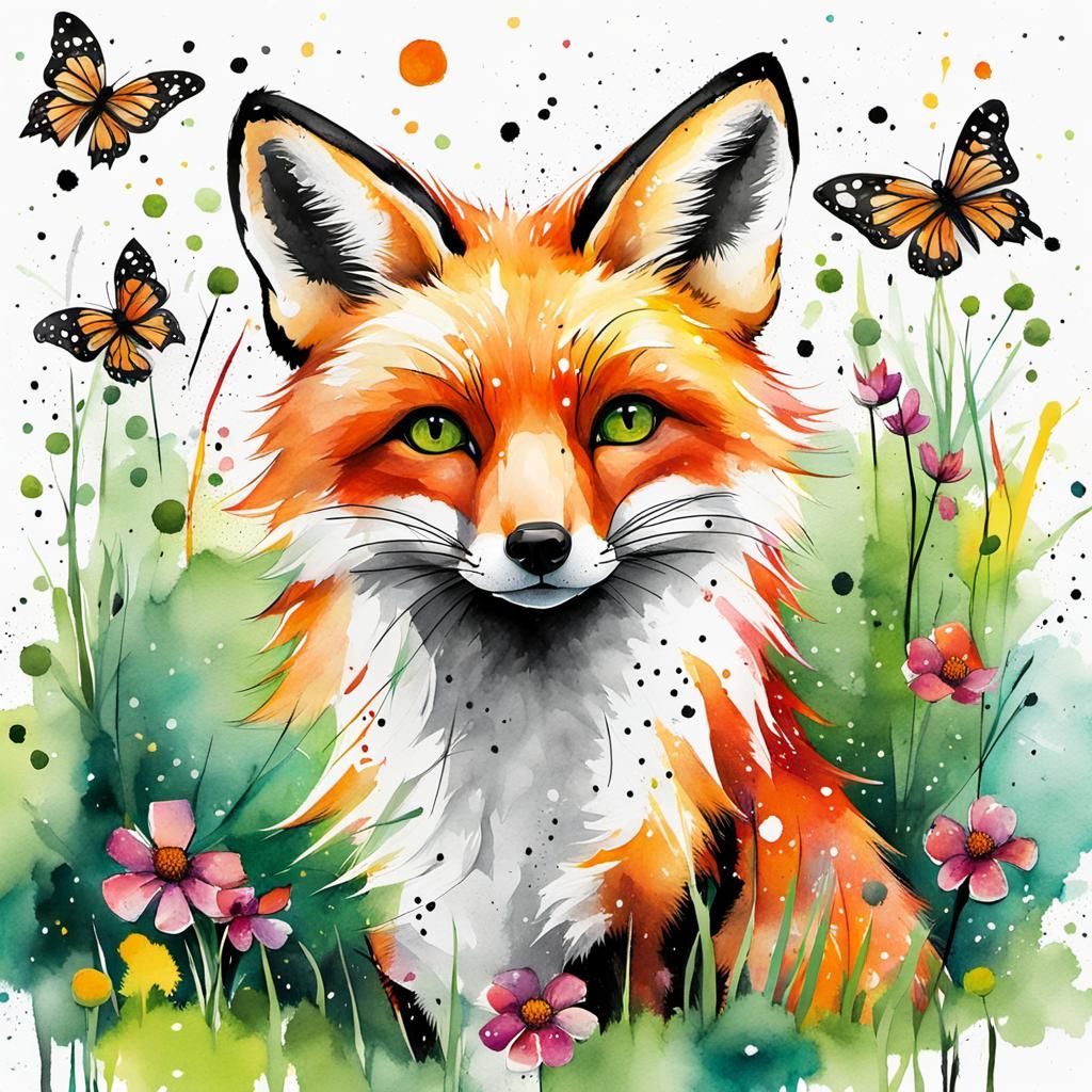 Whimsical Fox and Butterfly Watercolor Illustration
