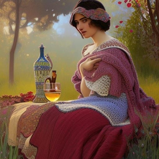 Persian Woman Portrait in Garden, Detailed Digital Art