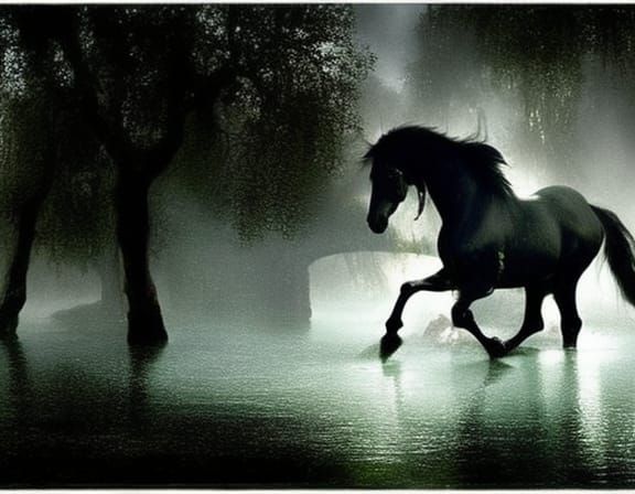 Eerie Kelpie in Misty Pond: A Dark Fantasy