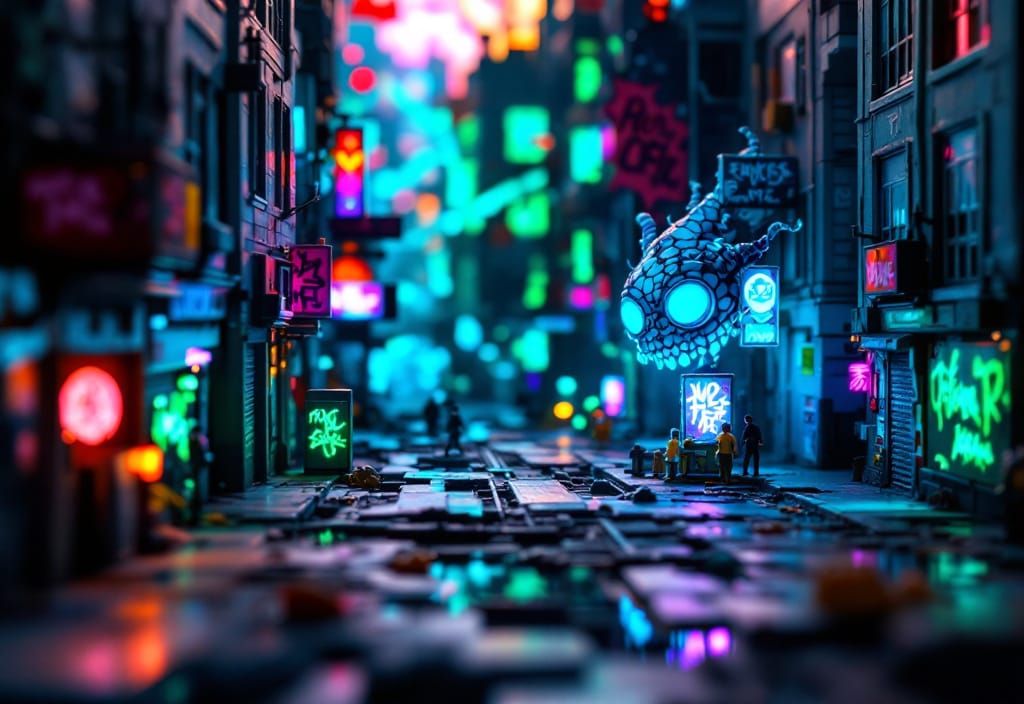 Bioluminescent Miniature City Diorama in Graffiti Style