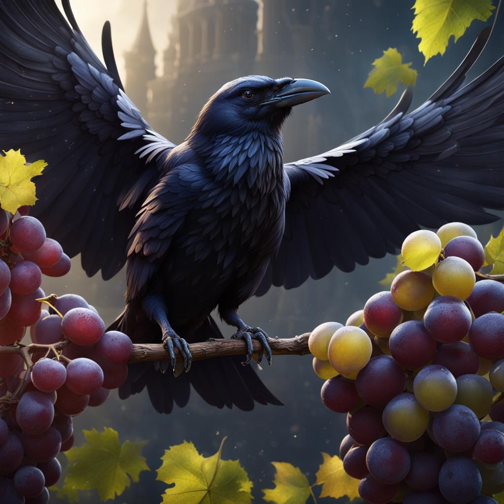 Crow Draining Grape for Energy: Detailed Matte Painting