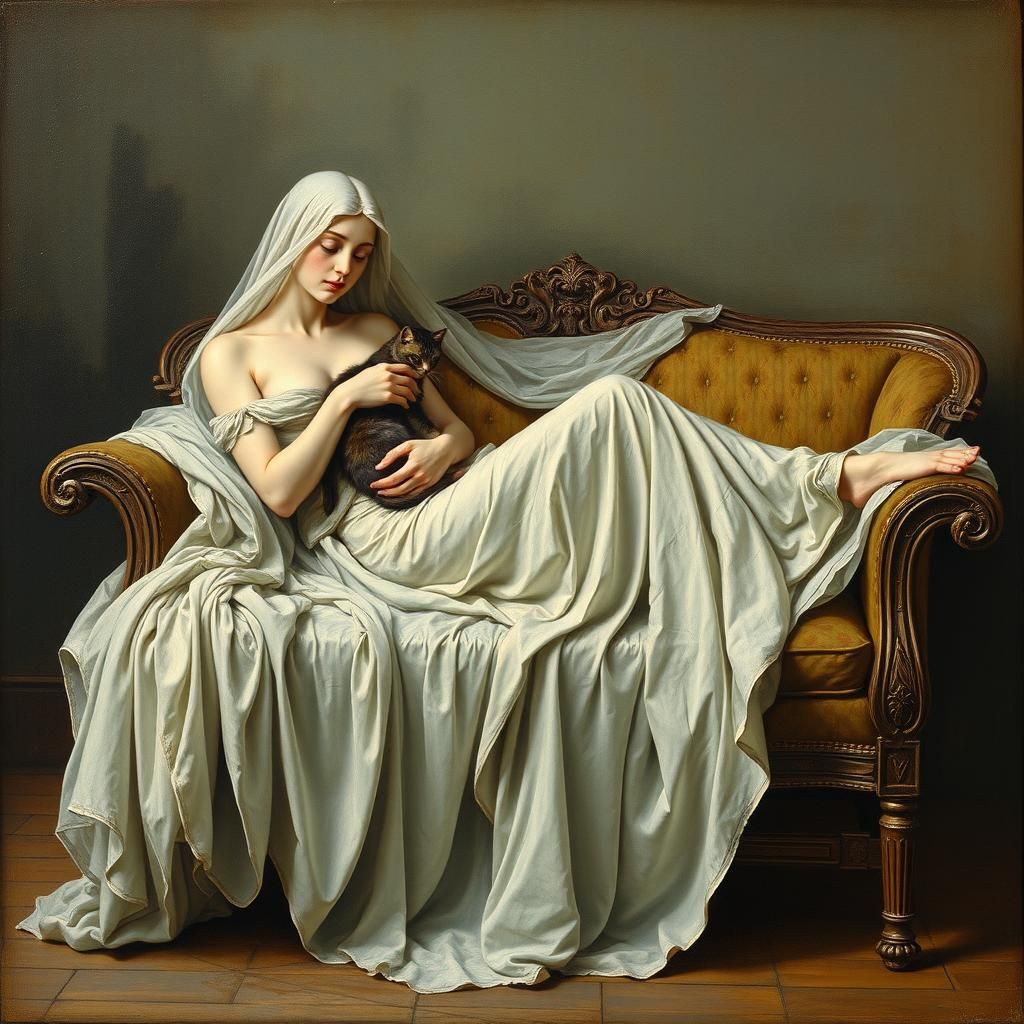Ethereal Woman with Cat in Dreamlike Painting