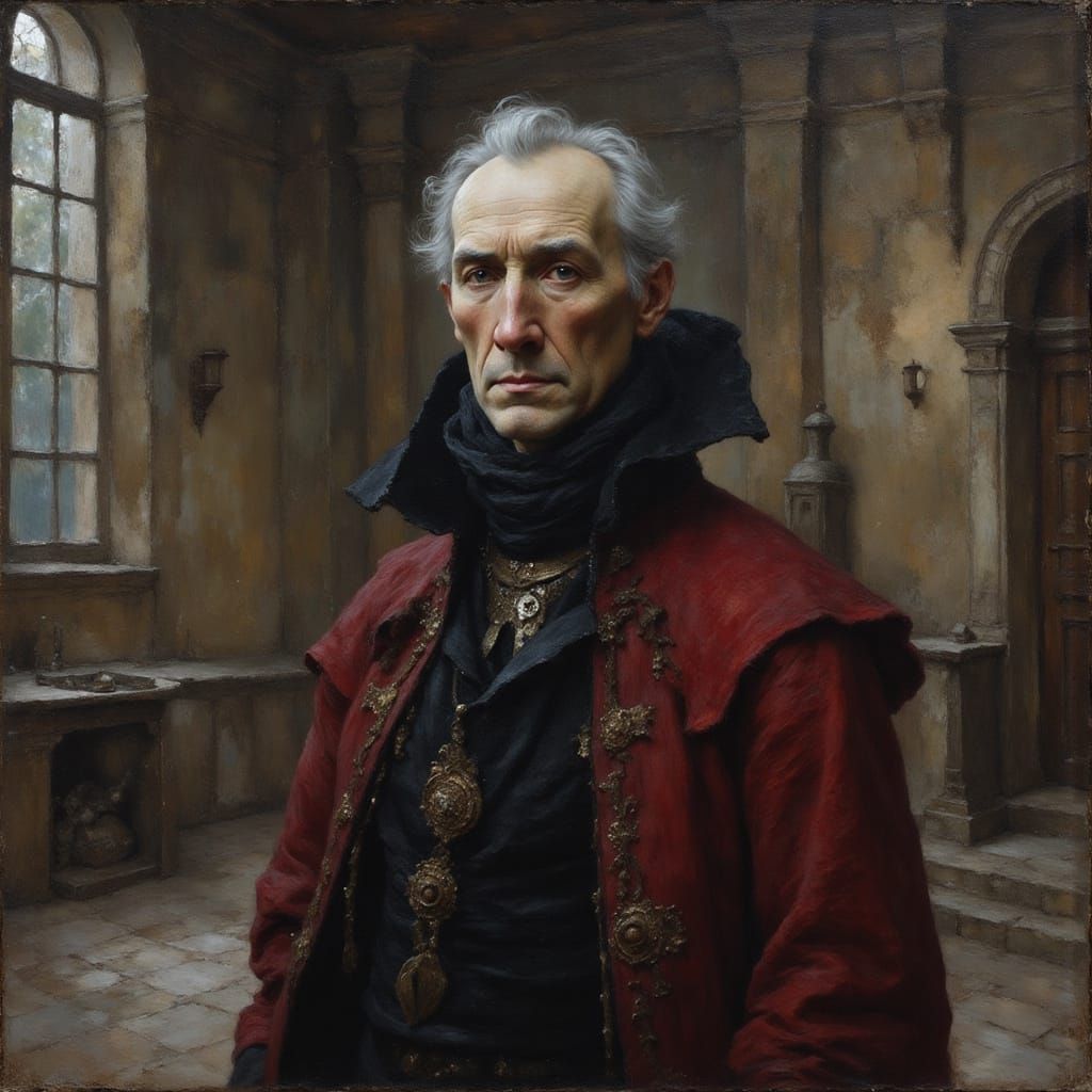 Elderly Man in Castle Chamber: Hyperrealistic Oil Painting